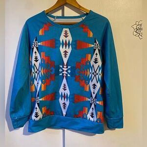Aztec Blue Crewneck Long Sleeve Western Top Sweater